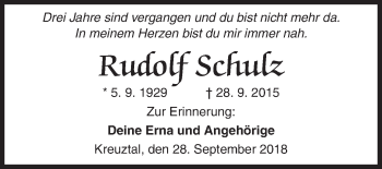 Traueranzeige von Rudolf Schulz von Siegener Zeitung