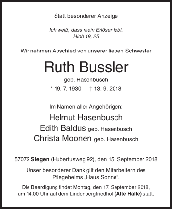 Traueranzeige von Ruth Bussler von Siegener Zeitung