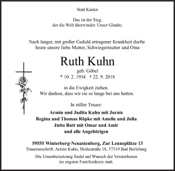 Traueranzeige von Ruth Kuhn von Siegener Zeitung