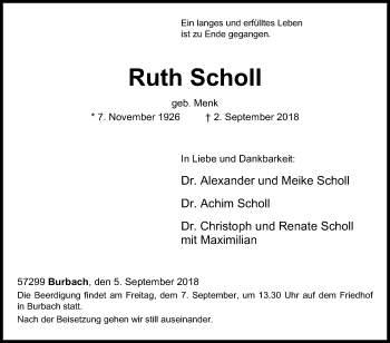 Traueranzeige von Ruth Scholl von Siegener Zeitung