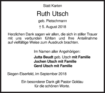 Traueranzeige von Ruth Utsch von Siegener Zeitung
