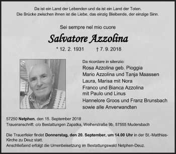 Traueranzeige von Salvatore Azzolina von Siegener Zeitung