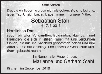 Traueranzeige von Sebastian Stahl von Siegener Zeitung