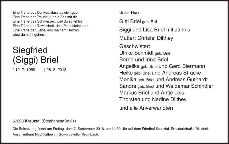  Traueranzeige für Siegfried Briel vom 01.09.2018 aus Siegener Zeitung