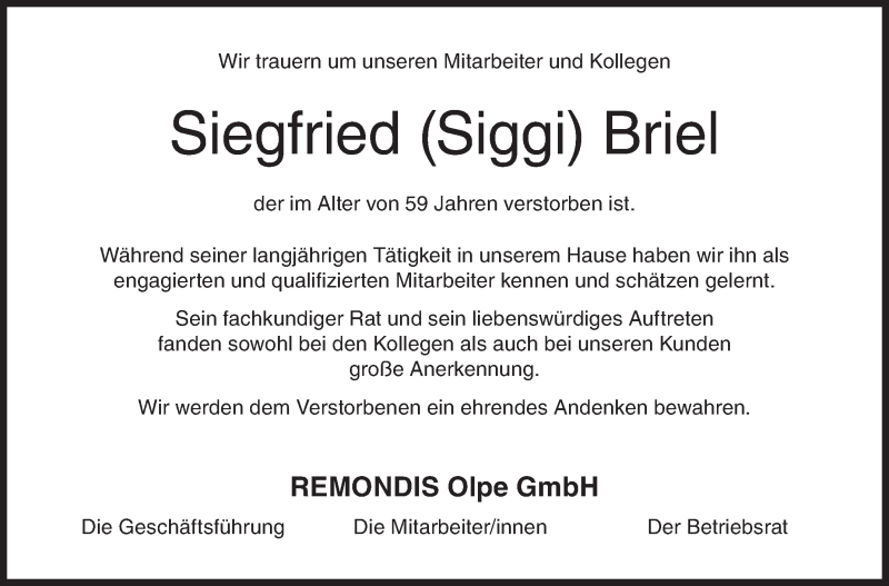  Traueranzeige für Siegfried Briel vom 05.09.2018 aus Siegener Zeitung