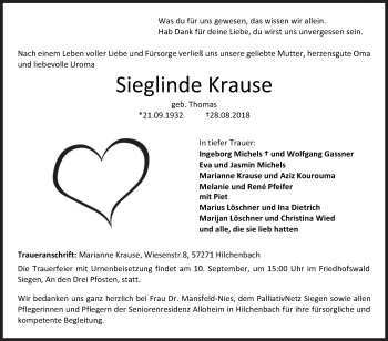Traueranzeige von Sieglinde Krause von Siegener Zeitung