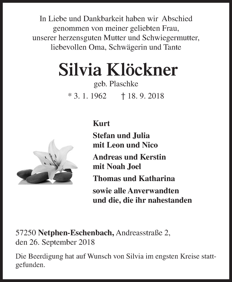  Traueranzeige für Silvia Klöckner vom 26.09.2018 aus Siegener Zeitung