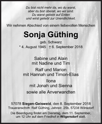 Traueranzeige von Sonja Güthing von Siegener Zeitung