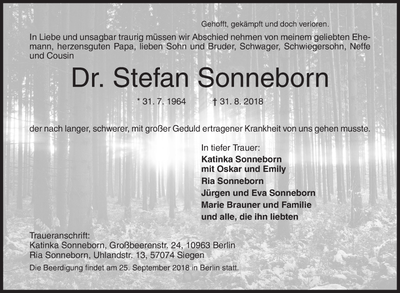  Traueranzeige für Stefan Sonneborn vom 08.09.2018 aus Siegener Zeitung
