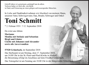 Traueranzeige von Toni Schmitt von Siegener Zeitung