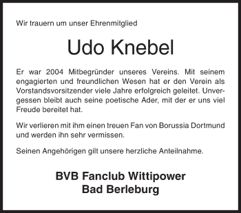 Traueranzeige von Udo Knebel von Siegener Zeitung