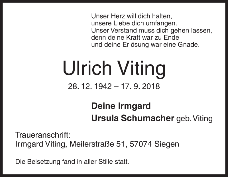 Traueranzeige für Ulrich Viting vom 29.09.2018 aus Siegener Zeitung