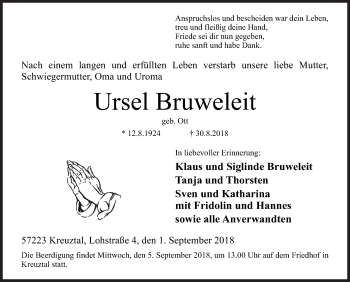 Traueranzeige von Ursel Bruweleit von Siegener Zeitung