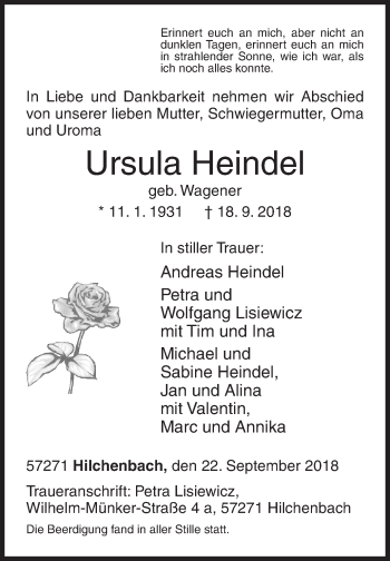 Traueranzeige von Ursula Heindel von Siegener Zeitung