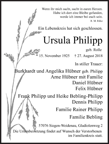 Traueranzeige von Ursula Philipp von Siegener Zeitung