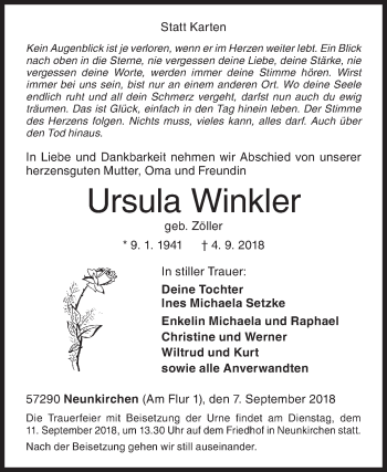 Traueranzeige von Ursula Winkler von Siegener Zeitung