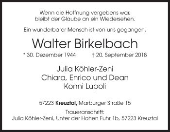 Traueranzeige von Walter Birkelbach von Siegener Zeitung