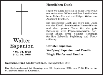 Traueranzeige von Walter Espanion von Siegener Zeitung