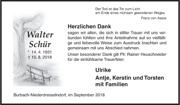 Traueranzeige von Walter Schür von Siegener Zeitung