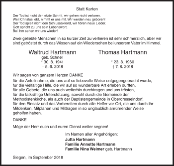 Traueranzeige von Waltrud und Thomas Hartmann von Siegener Zeitung