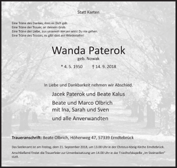 Traueranzeige von Wanda Paterok von Siegener Zeitung