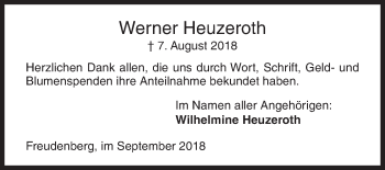 Traueranzeige von Werner Heuzeroth von Siegener Zeitung