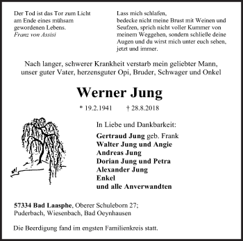 Traueranzeige von Werner Jung von Siegener Zeitung