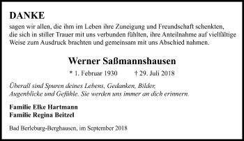 Traueranzeige von Werner Saßmannshausen von Siegener Zeitung