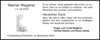 Traueranzeige von Werner Wagener von Siegener Zeitung