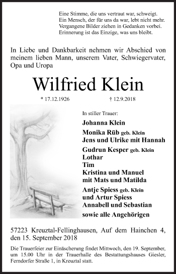 Traueranzeige von Wilfried Klein von Siegener Zeitung