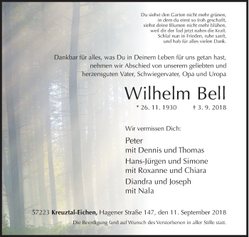 Traueranzeige von Wilhelm Bell von Siegener Zeitung