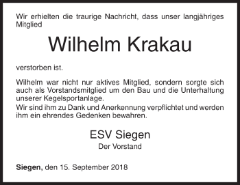 Traueranzeige von Wilhelm Johann Krakau von Siegener Zeitung