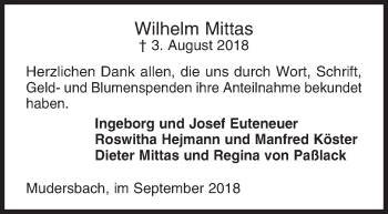 Traueranzeige von Wilhelm Mittas von Siegener Zeitung