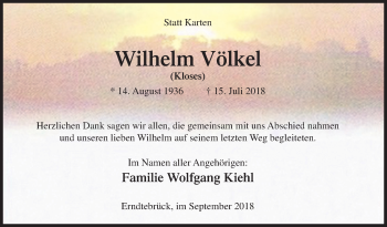 Traueranzeige von Wilhelm Völkel von Siegener Zeitung