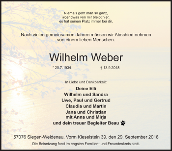 Traueranzeige von Wilhelm Weber von Siegener Zeitung