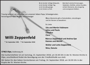 Traueranzeige von Willi Zeppenfeld von Siegener Zeitung