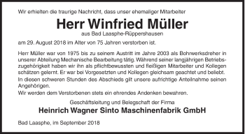 Traueranzeige von Winfried Müller von Siegener Zeitung