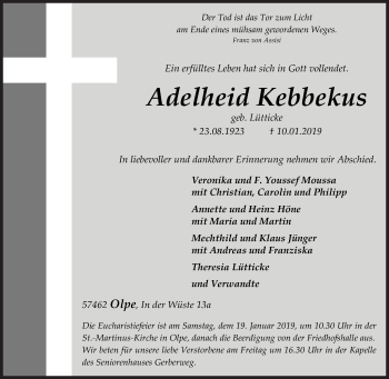 Traueranzeige von Adelheid Kebbekus von Siegener Zeitung