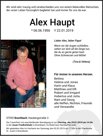 Traueranzeige von Alex Haupt von Siegener Zeitung