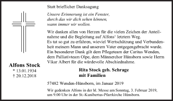 Traueranzeige von Alfons Stock von Siegener Zeitung