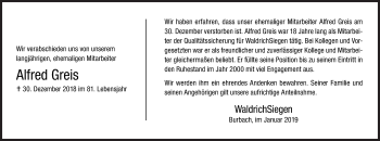 Traueranzeige von Alfred Greis von Siegener Zeitung