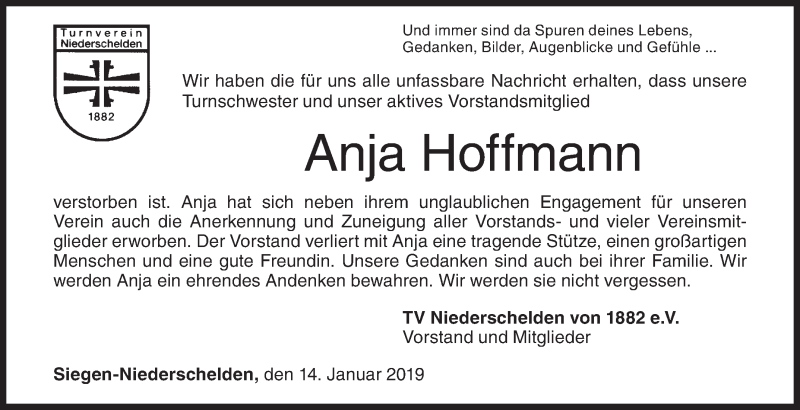  Traueranzeige für Anja Hoffmann vom 14.01.2019 aus Siegener Zeitung