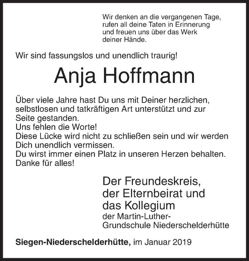  Traueranzeige für Anja Hoffmann vom 16.01.2019 aus Siegener Zeitung