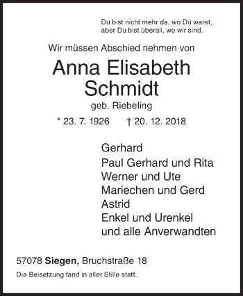 Traueranzeige von Anna Elisabeth Schmidt von Siegener Zeitung