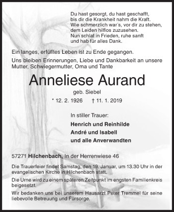 Traueranzeige von Anneliese Aurand von Siegener Zeitung