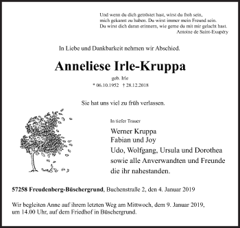Traueranzeige von Anneliese Irle-Kruppa von Siegener Zeitung