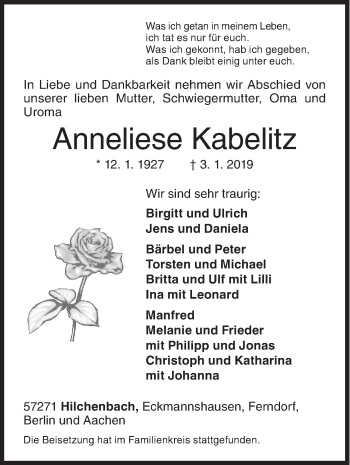 Traueranzeige von Anneliese Kabelitz von Siegener Zeitung