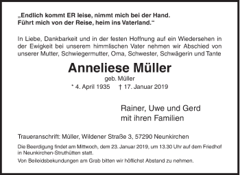 Traueranzeige von Anneliese Müller von Siegener Zeitung
