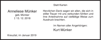 Traueranzeige von Anneliese Münker von Siegener Zeitung