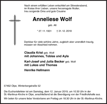 Traueranzeige von Anneliese Wolf von Siegener Zeitung